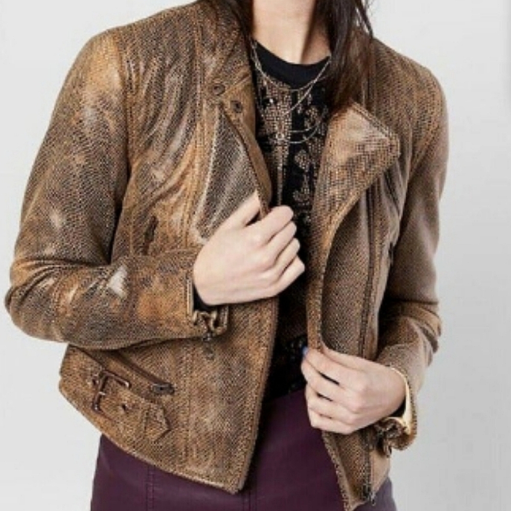 NWT🐍 Free People Python Snake Faux Leather Golden Jacket, Large